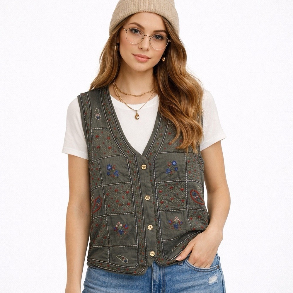 Vtg Women's Vest 22W 24W Embroidered‎ Paisley Floral Green Cottage Hipster Boho